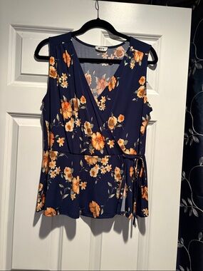 Floral Navy Wrap Blouse with Orange Blooms